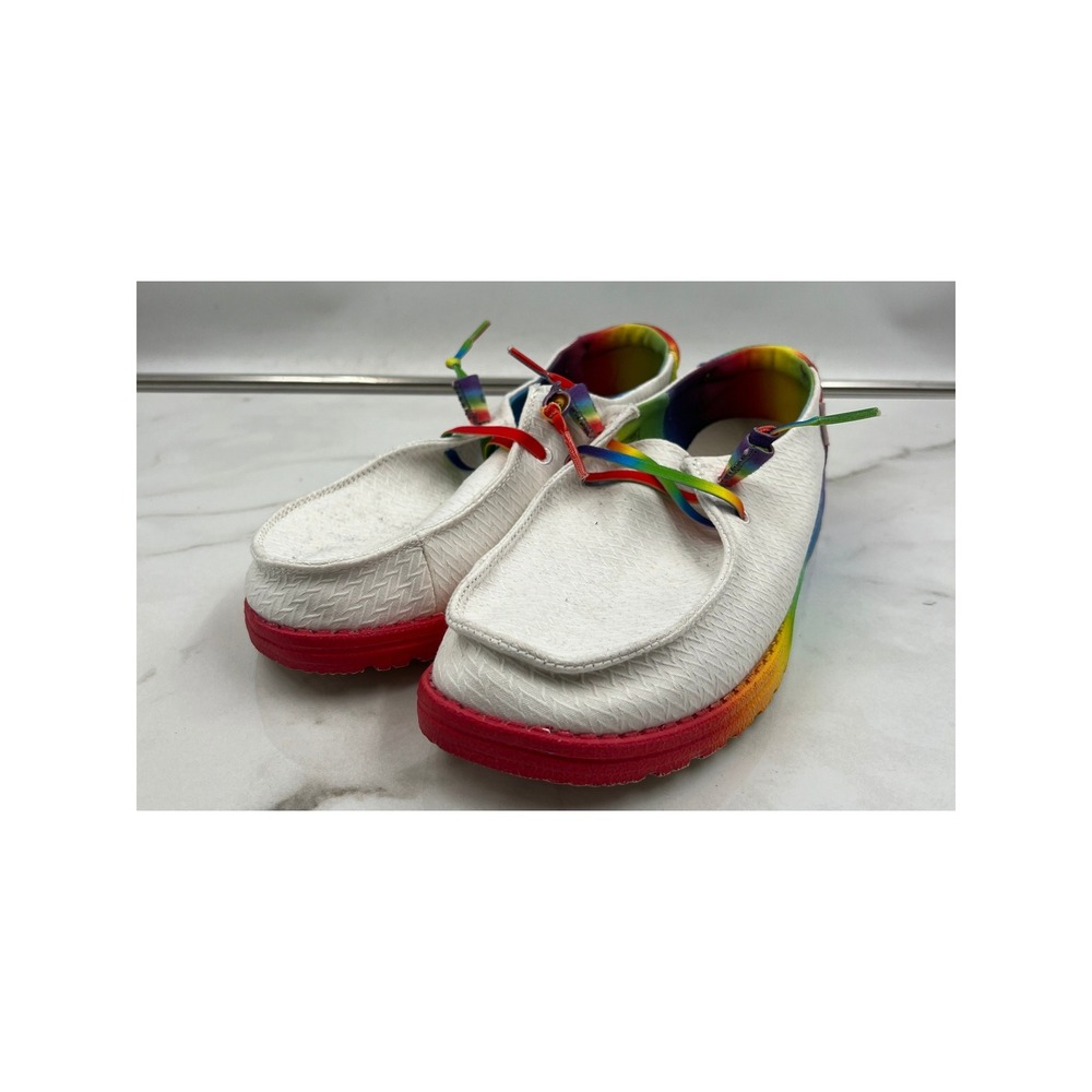 Hey Dude Shoes Womens Sz 9 Wendy Pride Rainbow White Slip On Loafers